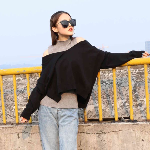 

tees shirt piece off the shoulder bat malha pullover + slim kintted regata, White