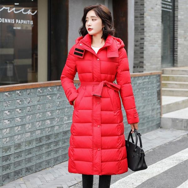 

women's down & parkas 2021 x-long thick soild woman hooded long ladies jackets with sashes plus size coat female pockets for outwear, Black
