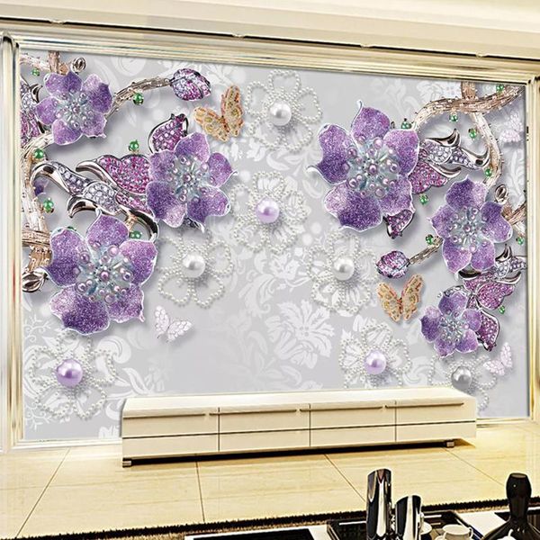 

wallpapers dropship custom mural wallpaper european style 3d stereo purple flowers jewelry luxury home decor tv background wall painting