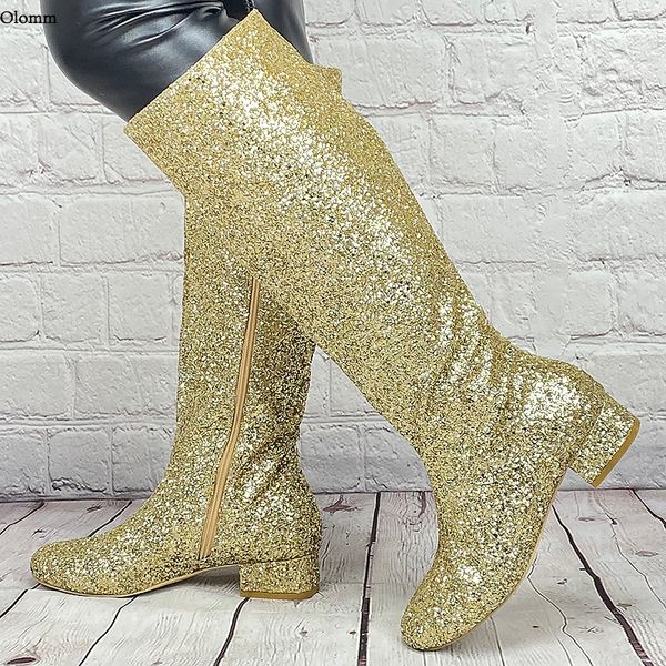 

rontic handmade women winter glitter knee boots chunky heels round toe gold black silver fuchsia party shoes us size 5-20