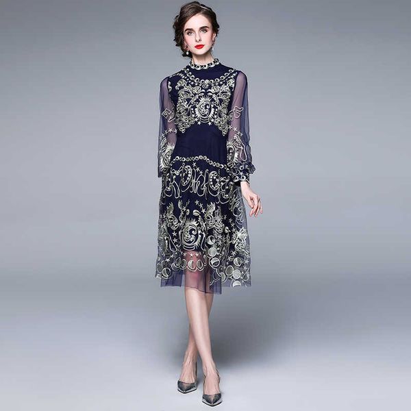 

women summer designer elegant embroidery lantern sleeve slim cocktail party robe female vintage mesh a-line dress vestidos 210525, Black;gray