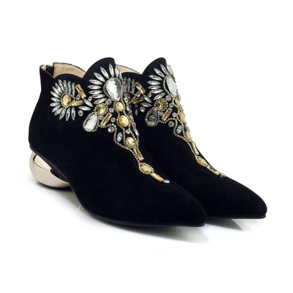 

boots olome womens pointy toe genuine suede leather rhinestones crystal ankle strange egg heel shoes warm winter 2colors 2022, Black