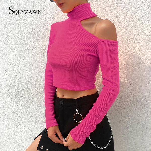 

women's t-shirt turtleneck knitted stripe off shoulder cropped shirt korean women fall long sleeve sweater tshirt harajuku pink tee, White