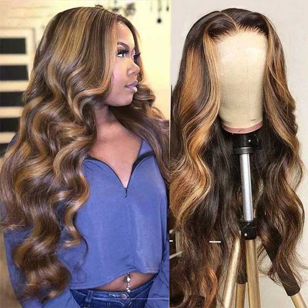 

lace wigs highlight wig human hair body wave front pre plucked colored for black women rmey t part #4/27, Black;brown