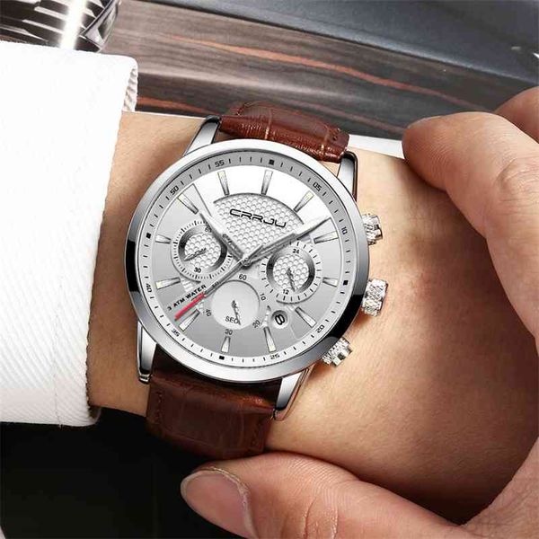 

man clock luxury crrju leather wrist watch men casual chronograph quartz waterproof watches mens wristwatch 210517, Slivery;brown