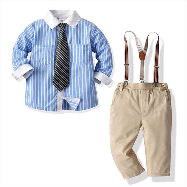 

kid boy suspender pants, lapel neck tie buttons long sleeves striped chest pocket shirt sling bottoms spring autumn, White