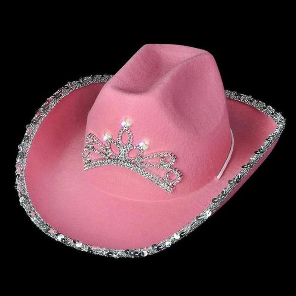 

berets luminous tiara cowgirl hat western style cowboy pink women's fashion party cap warped wide brim with sequin decoration 2021, Blue;gray