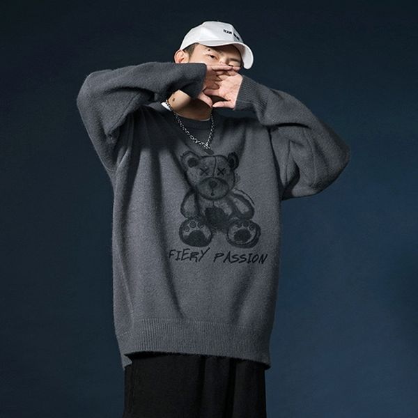

men's sweaters jersey de cuello redondo con estampado oso para hombre, punto suave, holgado, estilo hip hop, vintage, harajuku, ropa co, White;black