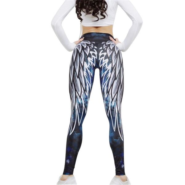 

women's leggings normov fitness women workout mid waist elastic push up wing print ankle length spandex leggin casual femme, Black