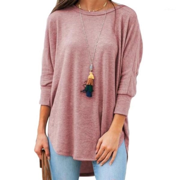 

women casual solid color 3/4 sleeve o neck irregular hem plus size loose t-shirt women's, White