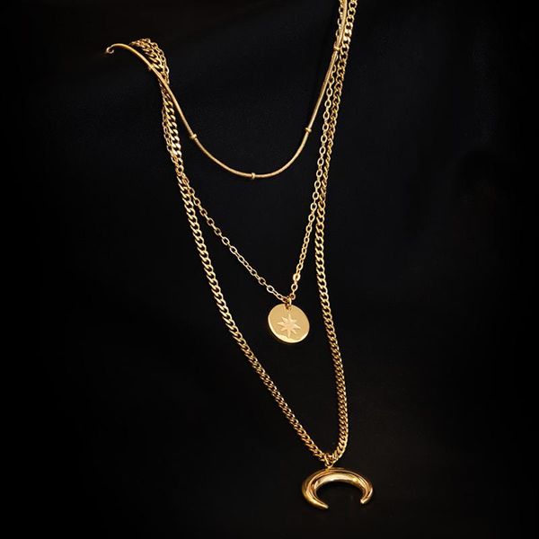 

pendant necklaces multilayer tassel stainless steel chain sequins women's moon necklace round jewelry ladies collar, Silver