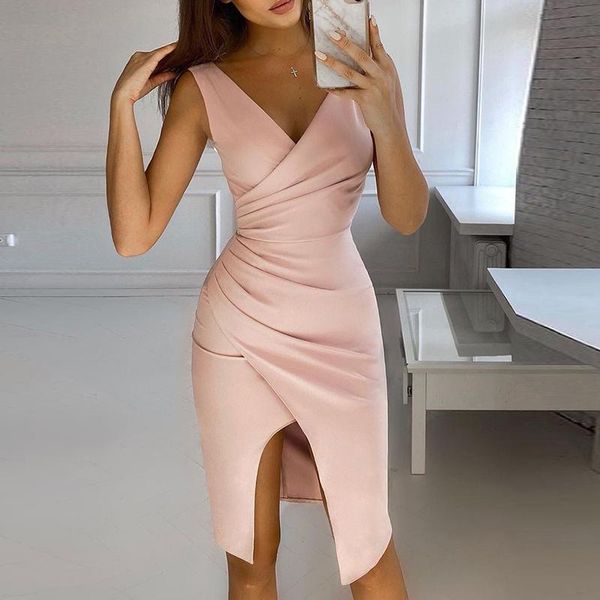

casual dresses elegant women solid knee-length dress sleeveless hollow out split party v-neck lady slim fit chest wrapping vestido, Black;gray