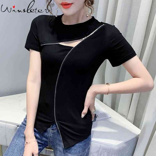 

women's t-shirt summer european clothes cotton pullover fashion hollow out zipper women short sleeve all match tees t148, White