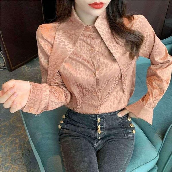 

women's blouses & shirts 2021 spring and autumn women fashion jacquard leopard loose lazy single-breasted bottoming blusas y380, White
