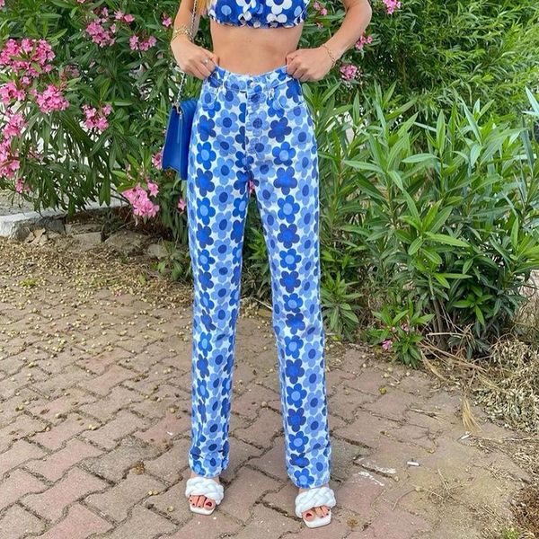 

women's jeans stylish floral print blue women high waist straight denim trousers 2021 summer lady casual streetwear pants