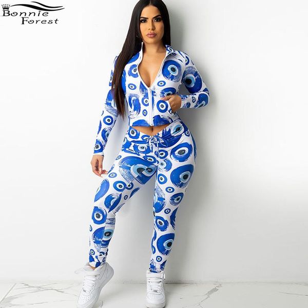

women's two piece pants bonnie forest fashion blue/white eye print tracksuit set womens long sleeve zippers jacket and matching pant sp