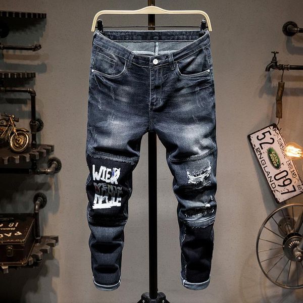 

fashion men jeans patchwork ripped hole male denim pants letter printing casual hip hop high street mens clothing men's, Blue
