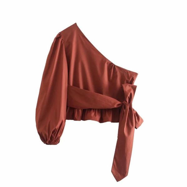 

women's blouses & shirts women fashion solid one shoulder pleated ruffles short shirt female side zipper blouse chic sashes crop, White