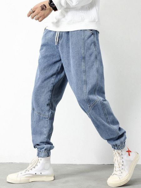 

men drawstring waist jogger jeans s05r#, Blue