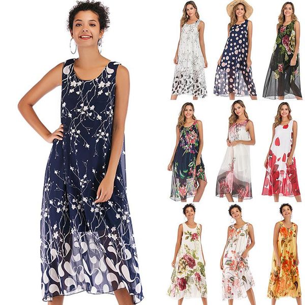 

casual dresses 2021summer women's dress chiffon floral sling o-neck woman large size loose print fashion women, Black;gray