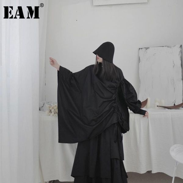 

women's blouses & shirts [eam] women drawstring asymmetrical big size blouse stand collar long sleeve loose fit shirt fashion spring au, White
