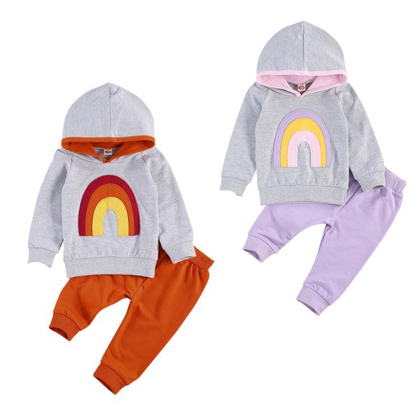 

0-24m autumn baby boys girls clothes sets 2pcs rainbow print long sleeve hooded pullover pants 2 colors, White