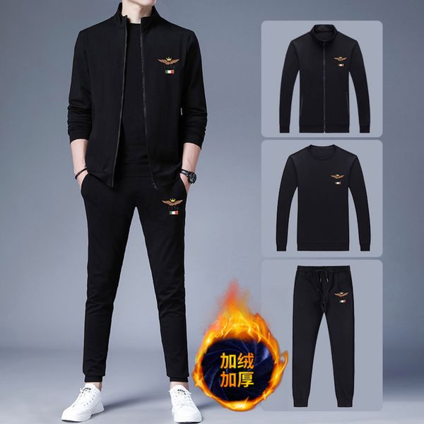

store autumn winter new plush thickened leisure sports trend middle-aged and young three piece men's suit, Gray