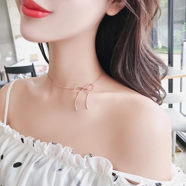 

chokers yun ruo 2021 rose gold color elegant bowknot choker necklace snake chian fashion titanium steel woman jewelry never fade, Golden;silver