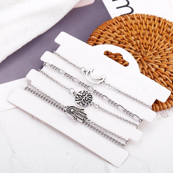 

link, chain 5 pcs/set vintage hamsa hand evil eye bracelets set for women bohemian charm moon tree metal bracelet bangles jewelry gift, Black