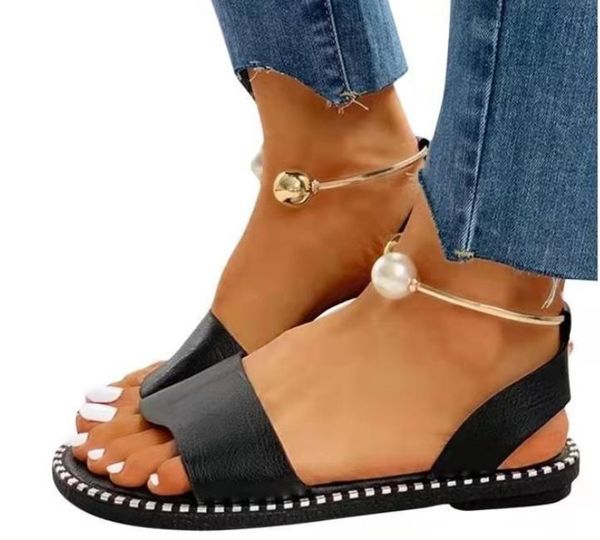 

sandals summer women's beaded pearly slippers shoes women ladies flats flip flop casual flat slingback, Black