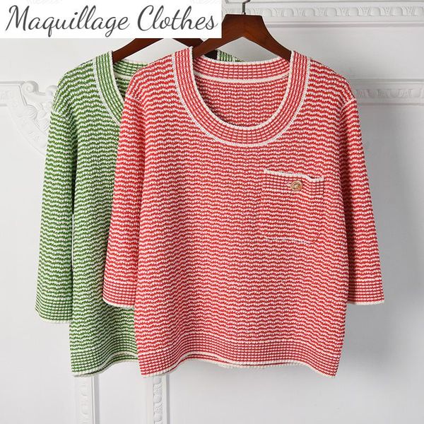 

women's t-shirt 2021 spring sweet stripe knitted t-shirts fashion pockets tee c824, White