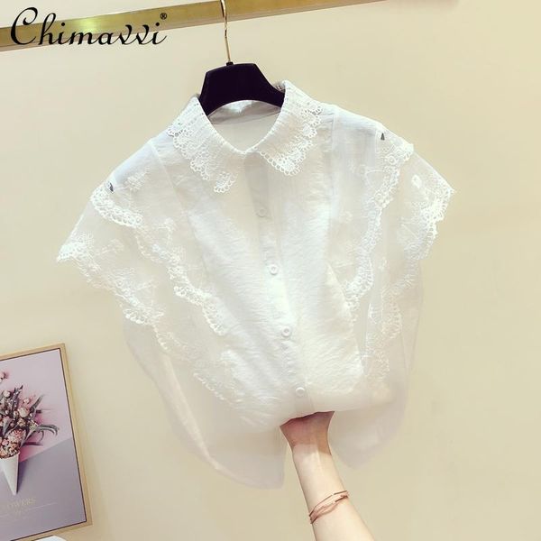

women's blouses & shirts collar lace patchwork ruffled sleeveless shirt for women 2021 summer fashion design ol blouse elegant white to