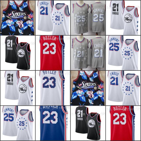 

philadelphia 76ers men 3 allen iverson 25 ben simmons 23 jimmy butler 21 joel embiid men retro basketball jersey, Black