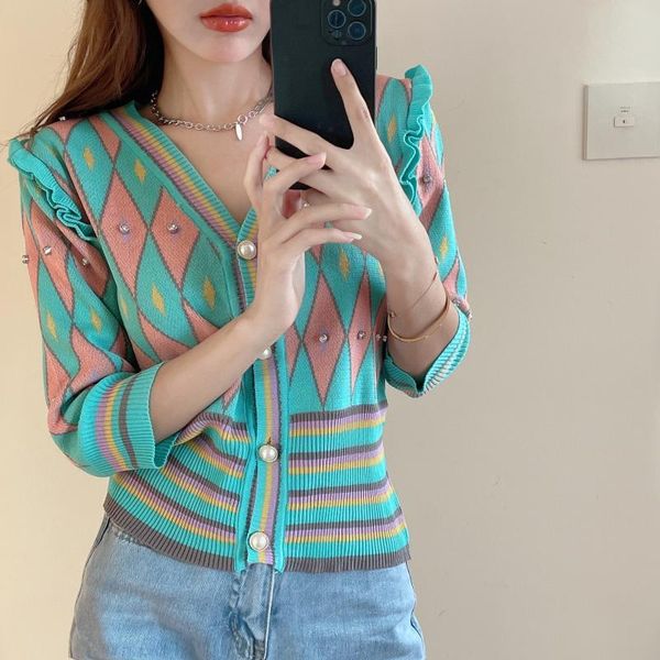 

women's knits & tees hzirip 2021 autumn female knitted cardigan v-neck fashion green all-match casual gentle ice silk single-breasted s, White