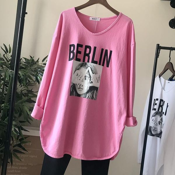 

spring plus fertilizer size women's loose irregular split bottoming shirt long sleeve mid-length t-shirt, White