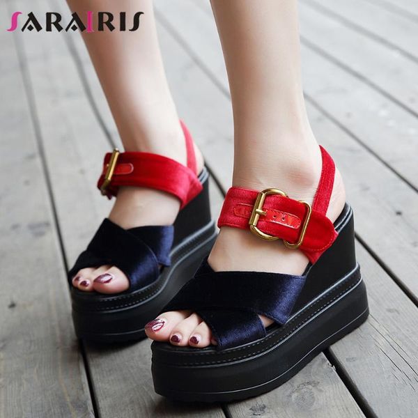 

summer platform sandals 2021 brand trendy mixed-color patchwork women fashion high wedges shoes woman, Black