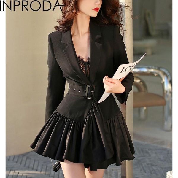 

casual dresses inproda women dress temperament vintage notched ruffles full sleeve high waist belt black mini blazer autumn 2021 fashion, Black;gray