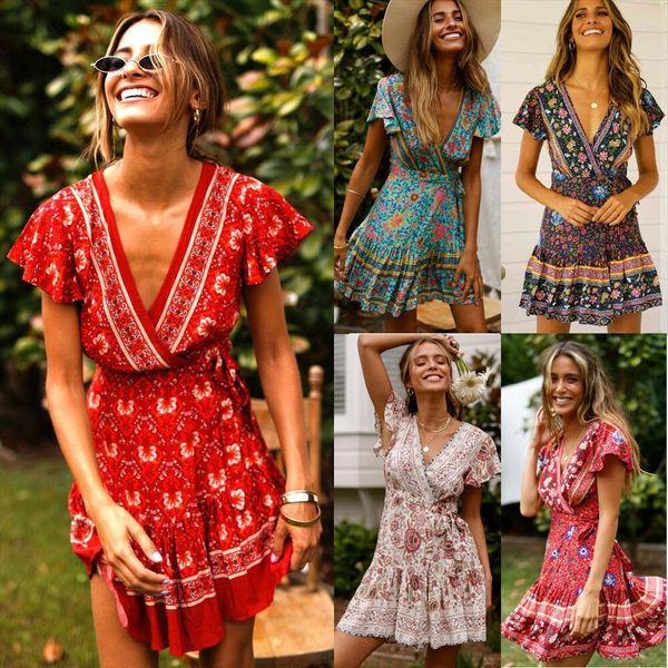 

summer boho vintage print mini women dresses short sleeve v neck a line sundress ladies holiday party, Black;gray