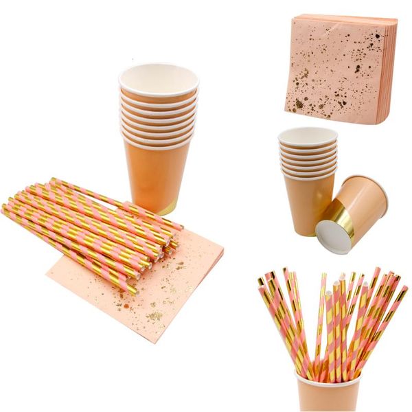 

disposable dinnerware rose gold tableware gilding paper straws/cup/plates marble plates table decoration wedding/birthday/party supplies