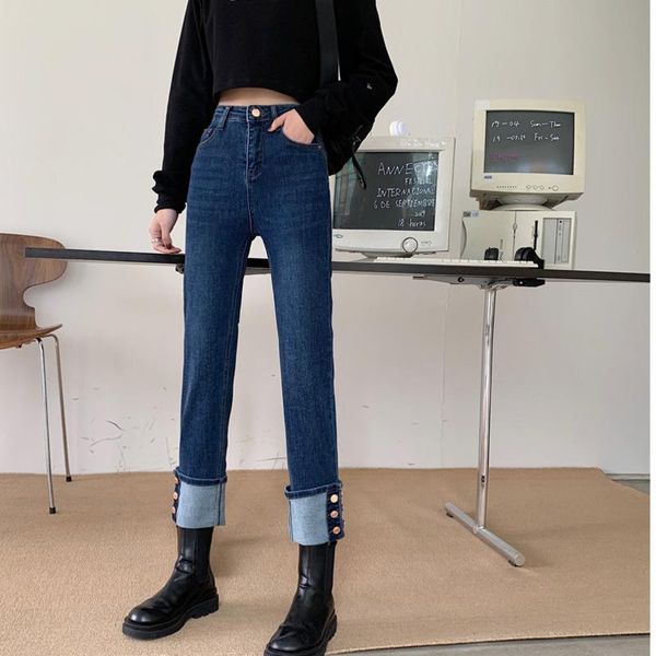 

#7818 blue straight pencil pants jeans femme autumn fit show thin skinny full length casual high waist washed women women's