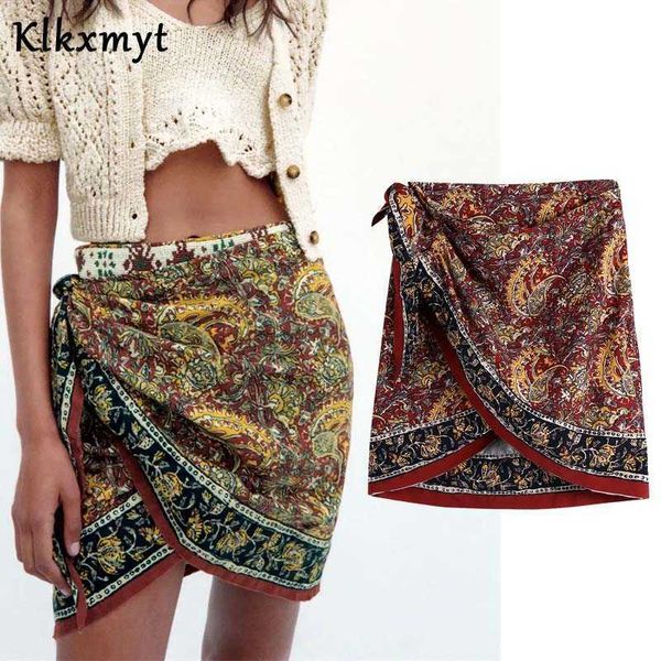 

klkxmyt za women vintage totem flower print hem irregular sarong skirt faldas mujer female side bow tied retro court vestidos 210527, Black