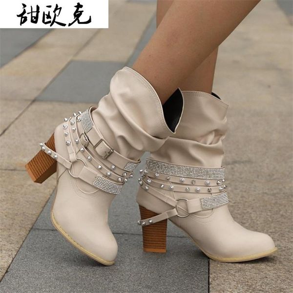 

boots 2021 fashion autumn women women's rivet bucklerhinestones mid-calf short down heel, Black