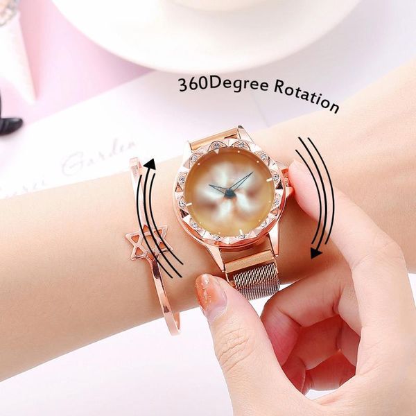 

vansvar luxury sun flower watches 2021 women's quartz magnet buckle stainless steel rotation watch ladies clock wristwatches, Slivery;brown