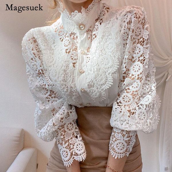 

women's blouses & shirts petal sleeve stand collar hollow out flower lace patchwork shirt femme blusas all-match women blouse chic butt, White
