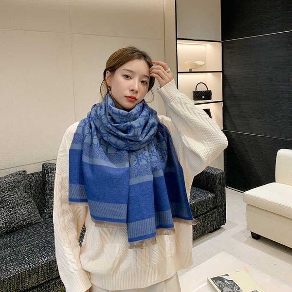 

scarf women's autumn and winter shawl d letter long versatile thickened warm neck dual-purpose, Blue;gray