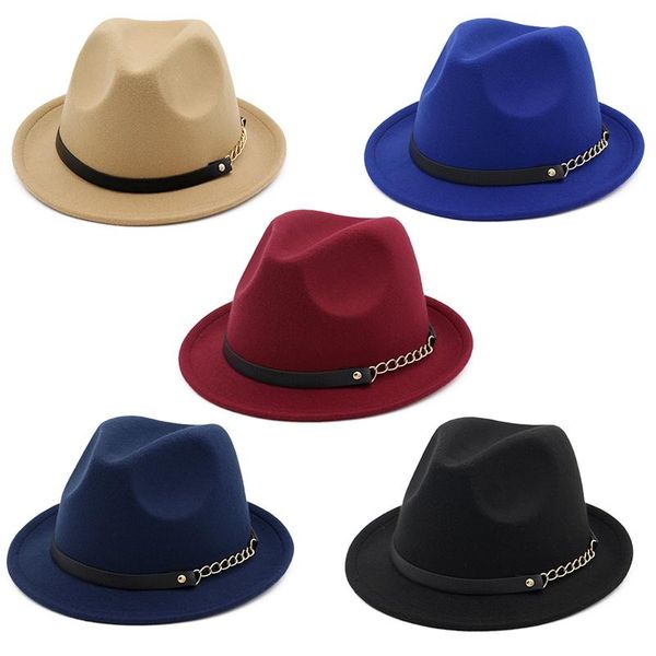 

pinksee elegant fashion winter autumn warm fedora hats with belt women men retro brim crimping jazz cap wide, Blue;gray
