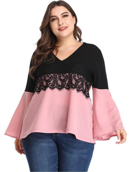 

women's plus size hy3065# large color contrast lace flared sleeve v-ne top