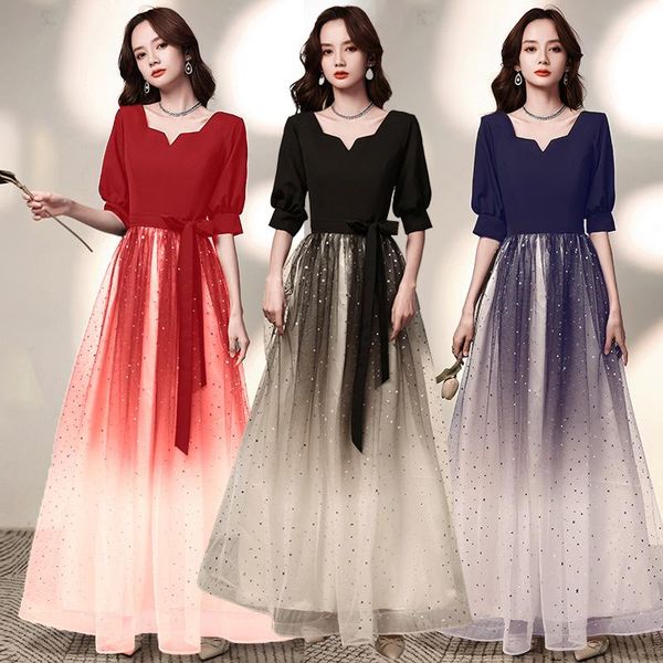 

ethnic clothing oversize 3xl 4xl elegant evening party dress temperament hostess stain mesh patchwork prom gown starry sky banquet, Red