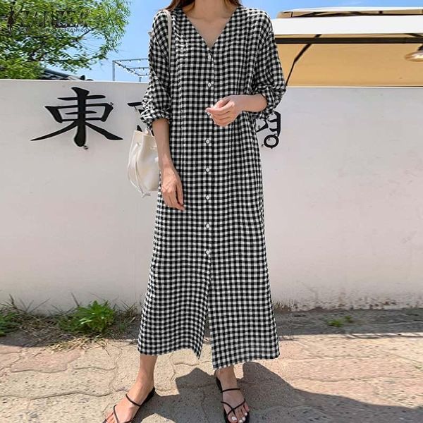 

casual dresses women long sleeve sundress elegant v neck shirt dress autumn vintage plaid check party vestidos robe plus size, Black;gray