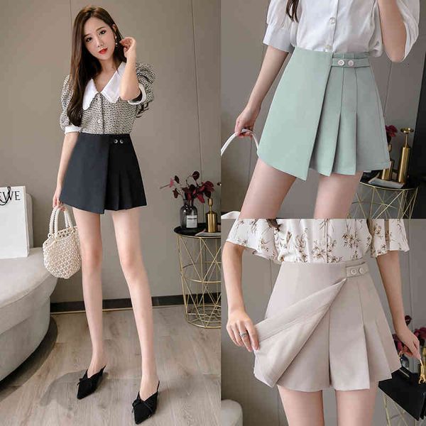 

skirts spring summer high waist a line skirt pleated green black beige color korean style casual mini shorts with lining 2fin